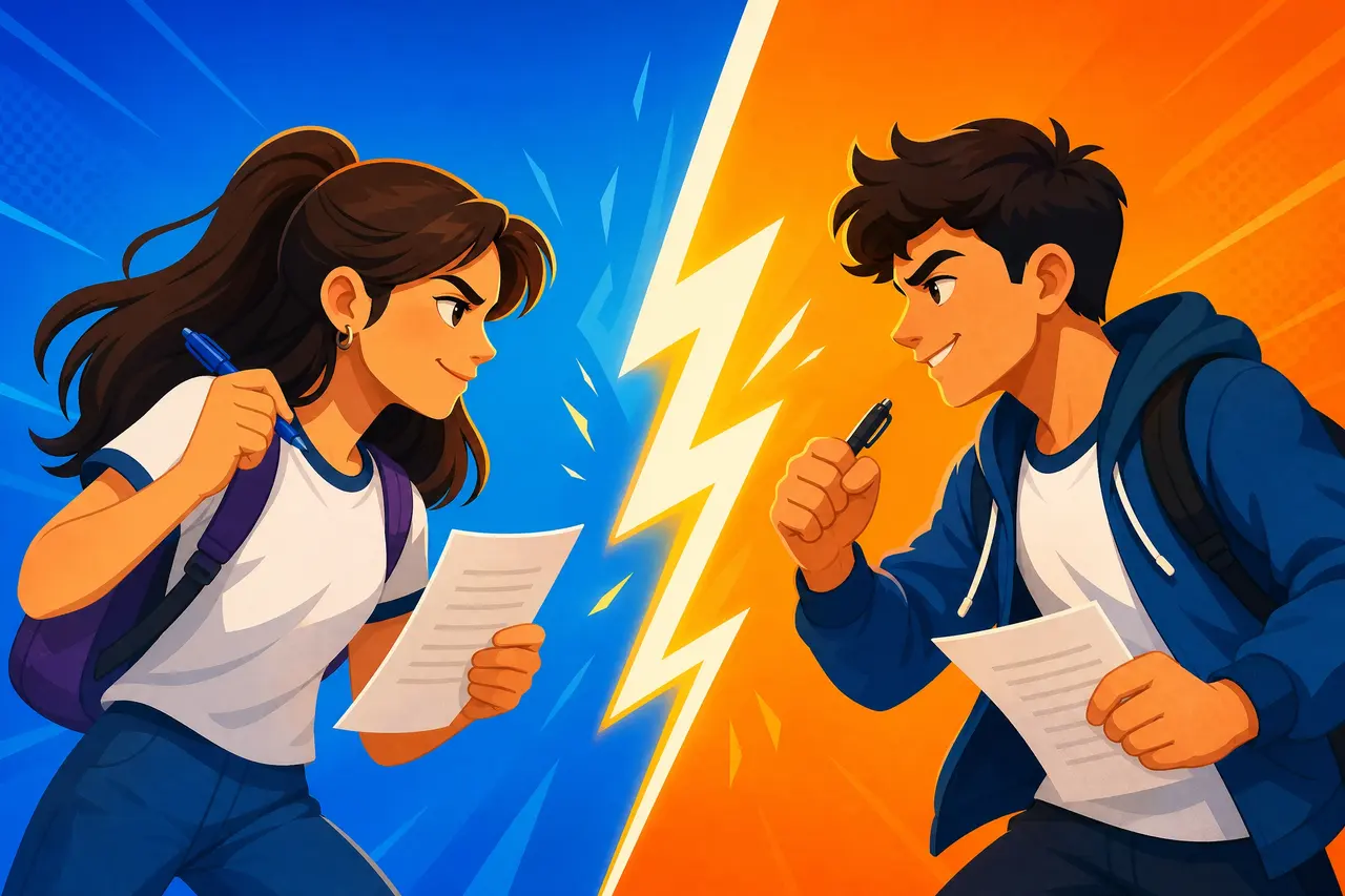 Dois estudantes se enfrentando num duelo de questões